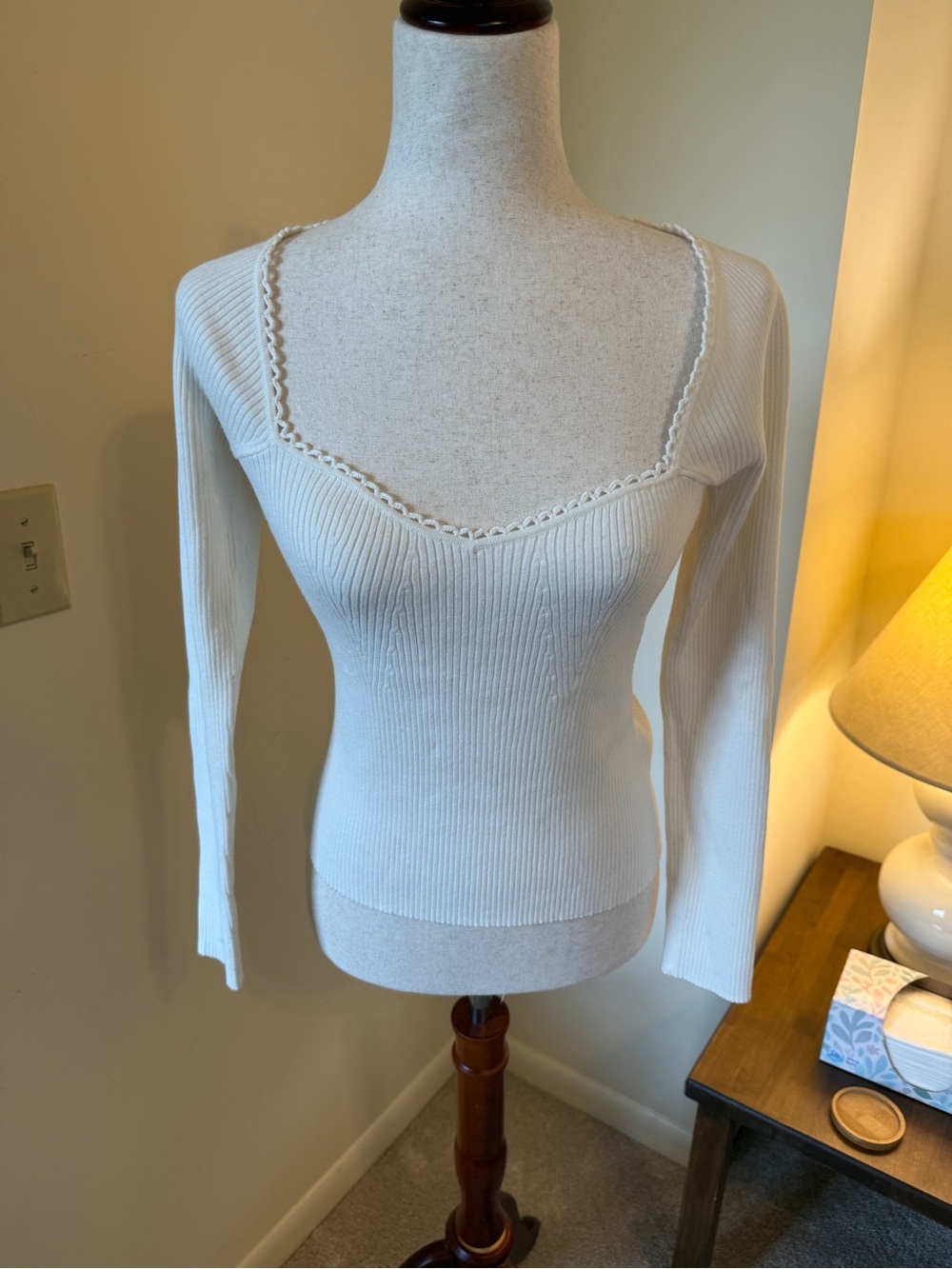 NWOT SÉZANE MAHA SZ M ECRU Ribbed Square-Neck Long Sleeve Top SO Flattering 🇫🇷‼️ - Picture 5 of 9